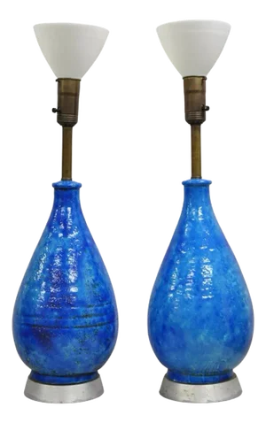 Large Italian Mid Century Modern Blue Lava Glazed Ceramic Table Lamps - A Pair