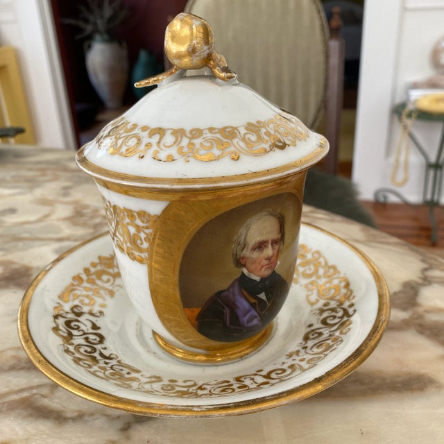 19th Century Antique Old Paris Porcelain Portrait Covered Cup and Saucer Set- 3 Pieces For Sale - Image 4 of 10