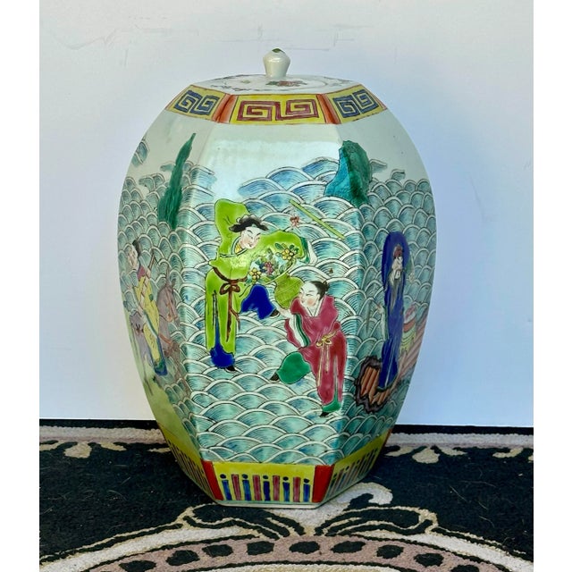 Mid 20th Century Chinese Melon Hexagonal Ginger Jar With Figural Scenes For Sale - Image 4 of 9
