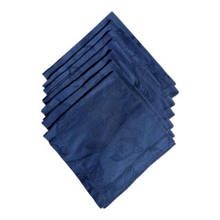 Vintage Xochi Midnight Blue Fruit Jacquard Dinner Napkins - Set of 7 For Sale