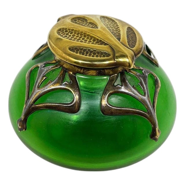 Art Nouveau Green Iridescent Art Glass Inkwell, 1900s For Sale