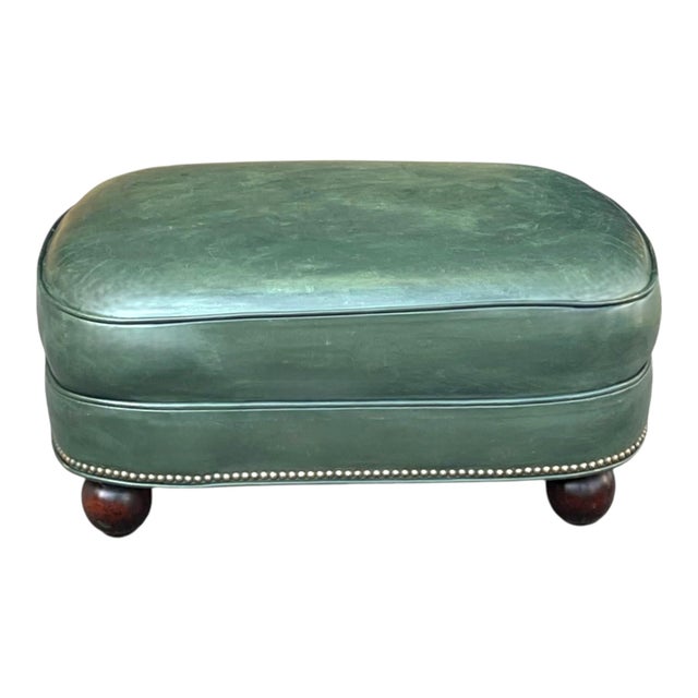 1960s Classic English Style Green Leather Ottoman With Nailhead Trim and Bun Feet For Sale In Los Angeles - Image 6 of 8