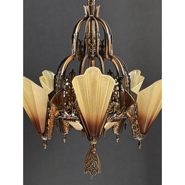 1930s Mid-West Mfg. Soleure Series Art Deco 6-Light Slip Shade Chandelier in Cast Bronze For Sale - Image 9 of 15
