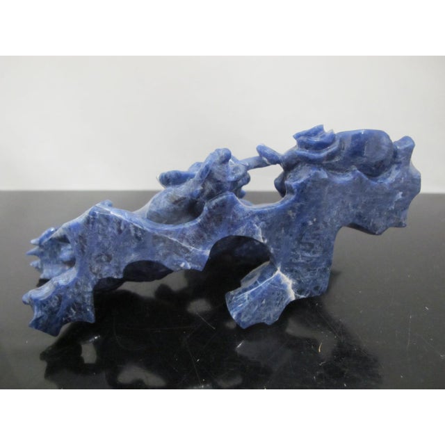Chinese Carved Lapis Lazuli 2 Foo Dog Playing Figurine on Wood Stand For Sale - Image 9 of 12