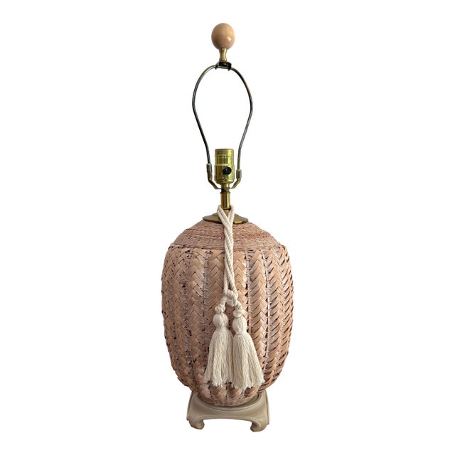 1980s Coastal Wicker Basket Lamp With Tassel For Sale