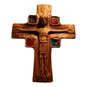 Antique Continental Bronze Devotional Crucifix Sculpture With Gemstone Inlays.