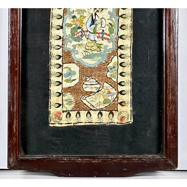 Asian Antique Chinese Silk Embroidery Textile Panel Framed Tray For Sale - Image 3 of 10
