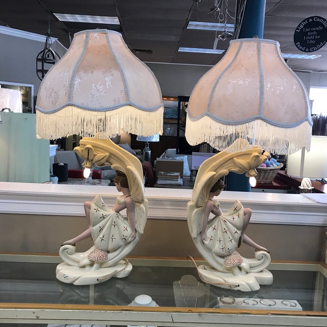 Metal Pair of 1930’s Fairy Chalkware Tv Lamps For Sale - Image 7 of 12
