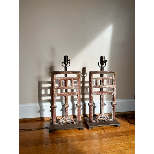 Brown French Cast-Iron Architectural Antique Table Lamps, Pair For Sale - Image 8 of 16