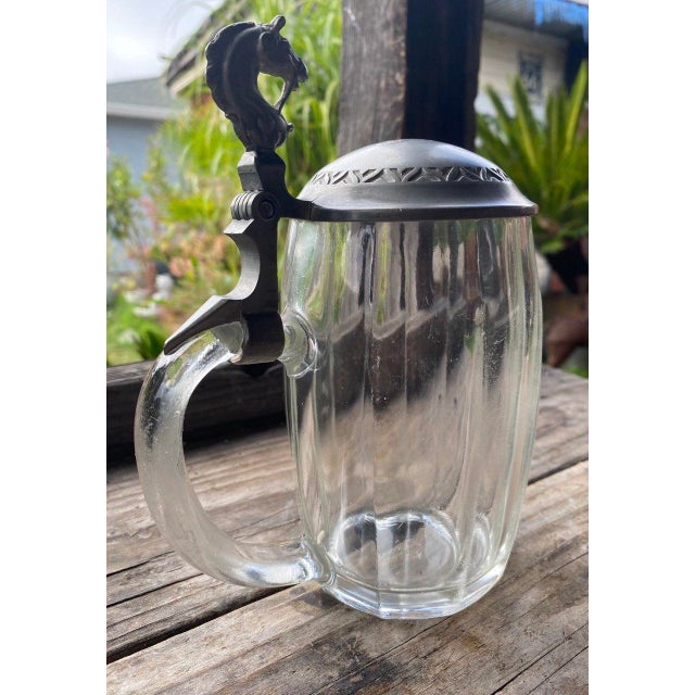 Metal Antique German Glass & Pewter Equestrian Beer Stein With Sculpted Horse Head, Circa 1900 For Sale - Image 7 of 13