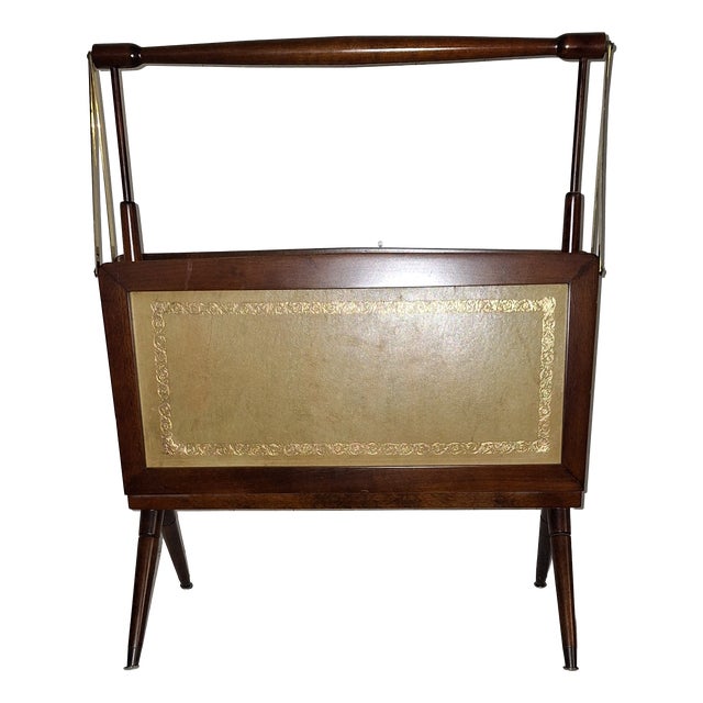 Vintage English Collapsible Newspaper Rack in Mahogany with Brown Gold-Embossed Goatskin Leather, 1970s For Sale