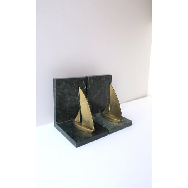 Dark Green Marble Brass Sailboat Nautical Bookends, Pair For Sale - Image 12 of 13