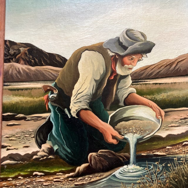 1950’s original panning for gold painting. Framed and signed. Measures 12x16 and overall 16x20 with frame.