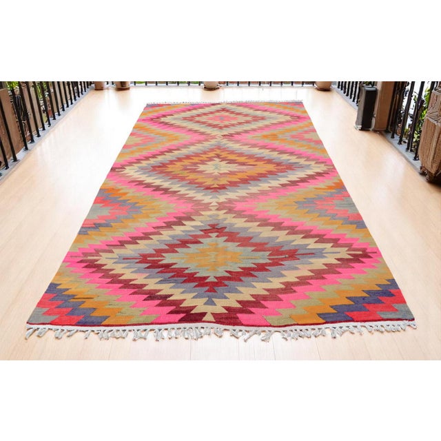 Mid-Century Modern Turkish Handmade Rug Diamond Pattern Vintage Kilim Rug For Sale - Image 3 of 17