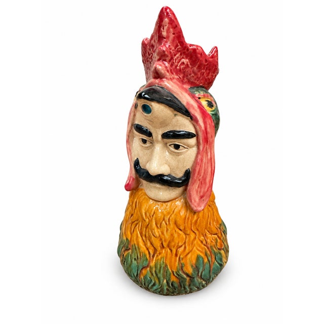 Figurative Pitcher in Polychrome Earthenware of Rooster with a Hidden Mans Face, 1890s For Sale - Image 3 of 8