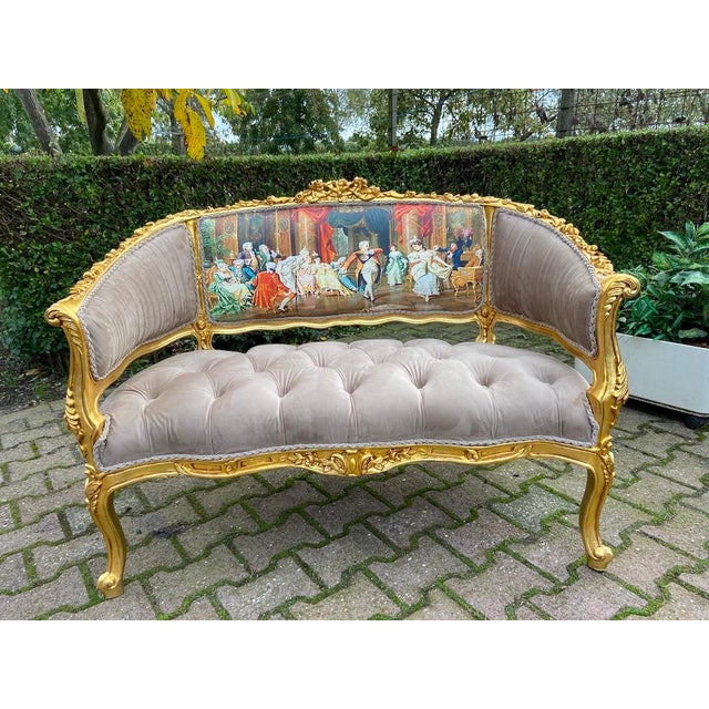 1975 French Louis XVI Gilded Beech Velvet & Silk Artwork Settee For Sale - Image 9 of 12