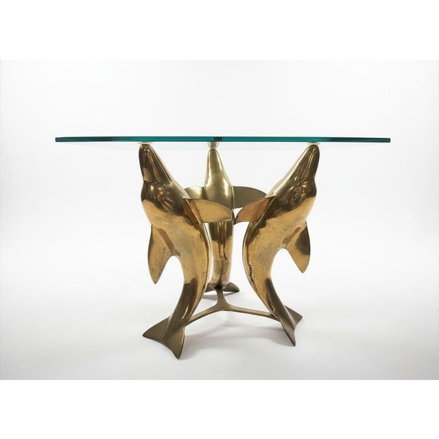 Mid-Century Modern Mid 20th Century Triple Dolphin Brass Table With Clear Glass Top For Sale - Image 3 of 4