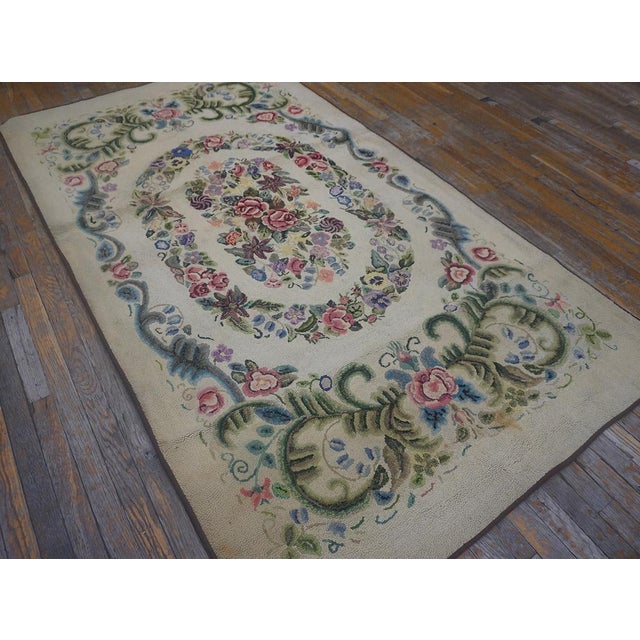 Early 20th Century (1935) Ivory Multicolor Antique American Hooked Rug 4'2" X 7'6" Americana Floral Carpet For Sale - Image 9 of 12