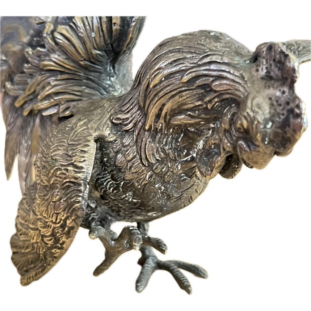 Vintage Solid Brass Fighting Rooster Sculpture With Dramatic Tail For Sale - Image 4 of 12