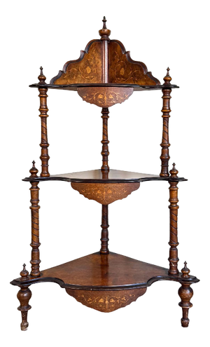 Victorian Walnut Marquetry Inlaid Serpentine Etagere