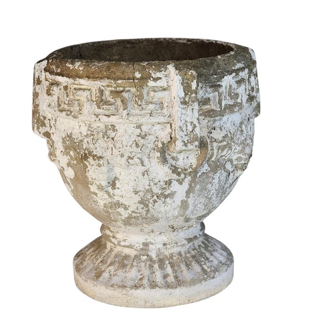 Sculpture Materials VTG 1940s Mid-Century Concrete Planter Urn 14" Greek Key Grape Weathered Patina For Sale - Image 7 of 10