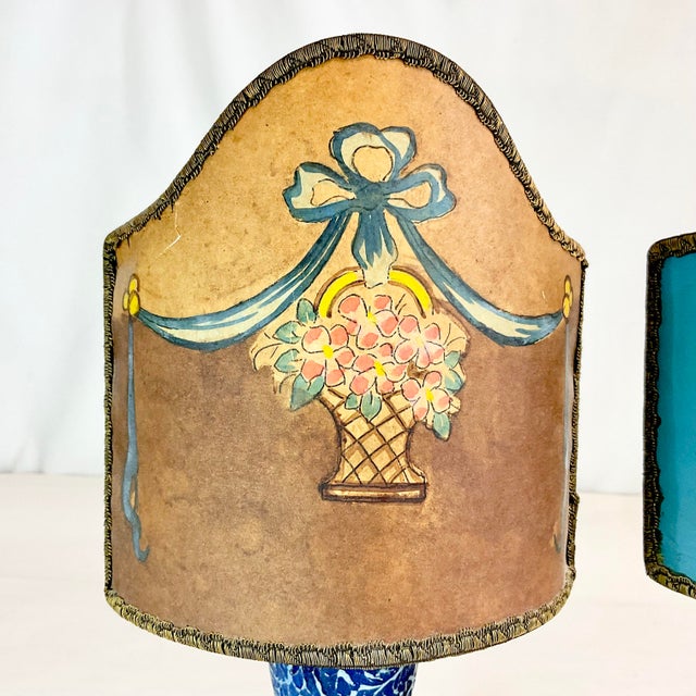 Late 1800s Antique French Art Nouveau Candle Holders With Painted Shades - A Pair. For Sale - Image 4 of 12