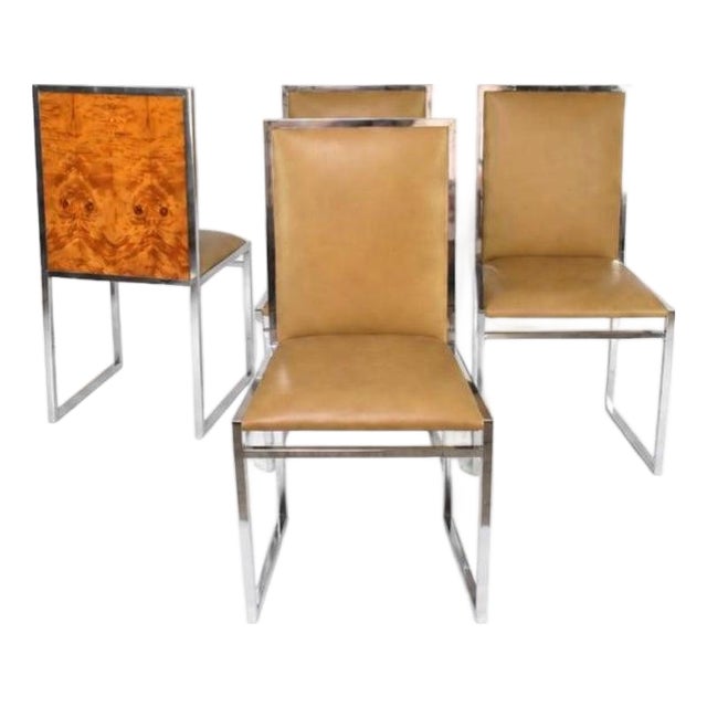 Set of Four Italian Chrome, Burl Wood and Leather Dining Chairs, 1970s For Sale