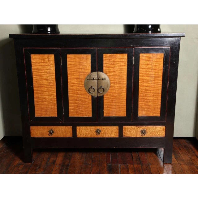 Late Qing dynasty black lacquer and burl wood Chinese Hebei cabinet of unusual (lower and wider) proportions with...