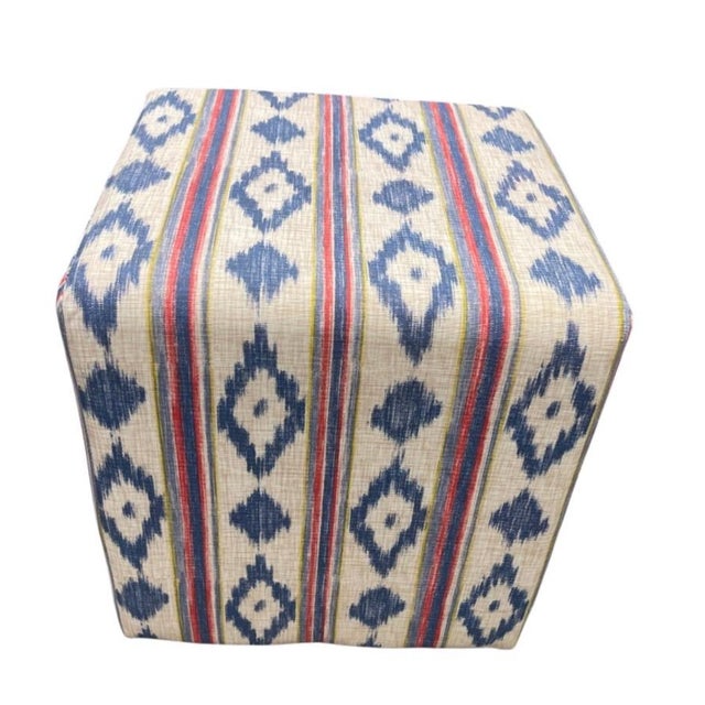 2000 - 2009 Vintage Blue and Indigo Ikat Pattern Upholstered Cube Ottoman For Sale - Image 5 of 12