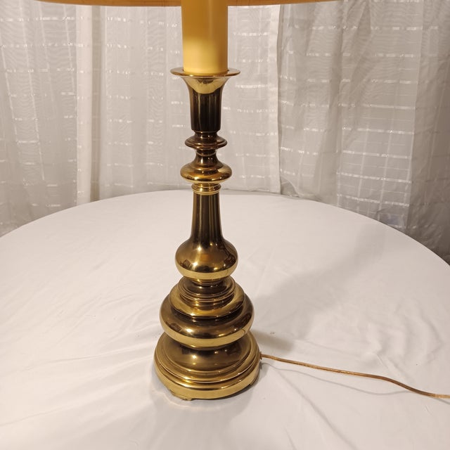 Vintage Tall Two-Tone Solid Brass and Bronze Tone French Candlestick Style Neoclassical Table Lamp With Original Shade For Sale - Image 4 of 12