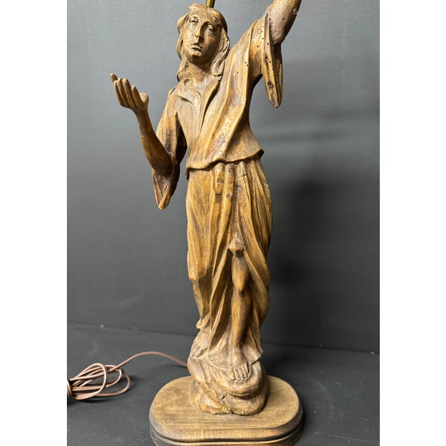 Brown Early 20th Century Pair of Antique Walnut Carved Female Figure Lamps For Sale - Image 8 of 14