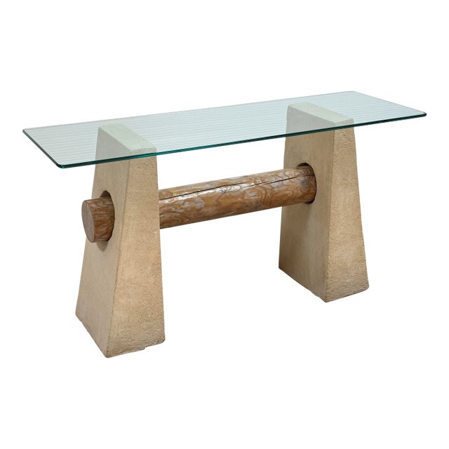 Sculpted Hand Plastered + Glass Console Table For Sale