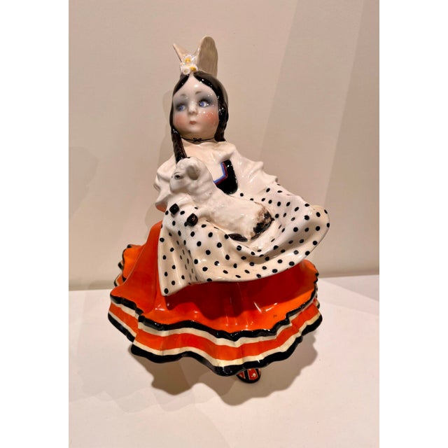 Mid-Century Modern Ceramic Figure of a Shepherdess with a Lamb from Essevi For Sale - Image 3 of 3