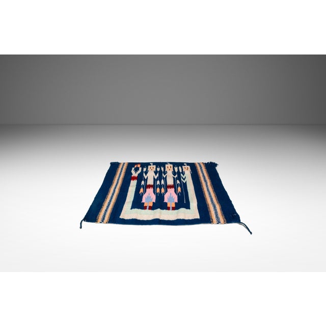Blue Vintage Native American Navajo Yei Hand-Woven Tapestry Throw Rug Wall Folk Art in Wool, Usa, C. 1970s For Sale - Image 8 of 18