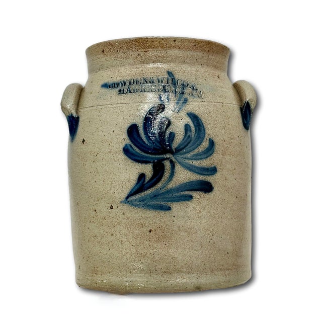 Mid 19th Century Small 1 Gallon Size Blue Decorated Antique American Stoneware Butter Churn Crock by Cowden & Wilcox Harrisburg Pennsylvania For Sale - Image 5 of 18