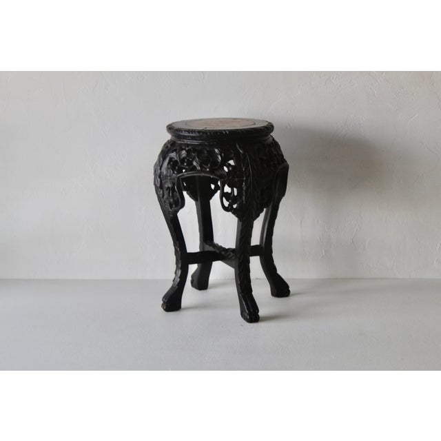 Asian Carved Rosewood Style Wood Stool Plant Stand With Inset Marble Top Vintage Mid-Century For Sale - Image 13 of 17