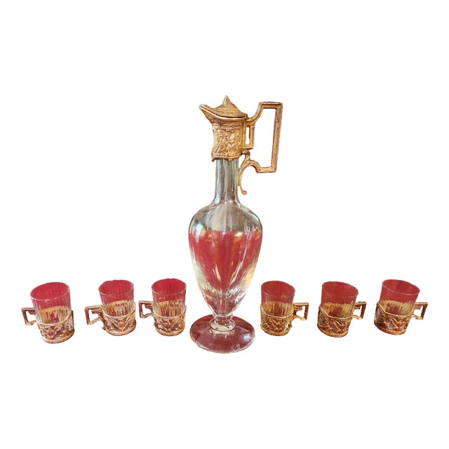Bronze and Crystal Liqueur Service, 19th Century, Set of 7 For Sale