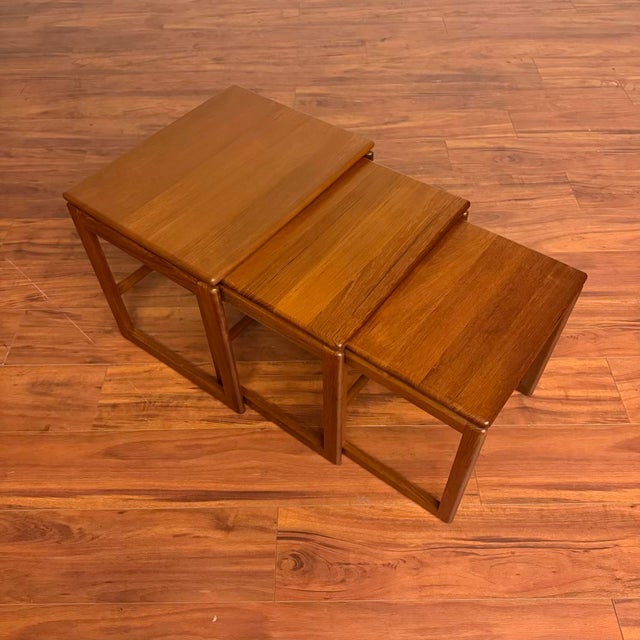 Wood Solid Teak Danish Modern Sled Leg Vintage Nesting Tables For Sale - Image 7 of 11