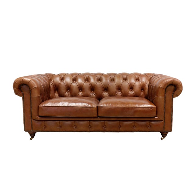 Pasargad Home Genuine Leather Chester Bay Tufted Loveseat For Sale - Image 9 of 10