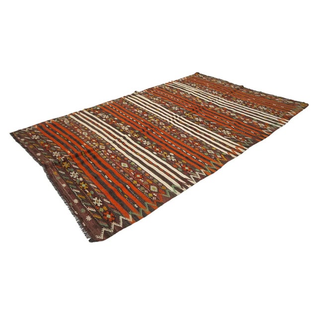 Traditional Orange Striped Ebroidered Kilim Rug For Sale - Image 3 of 7