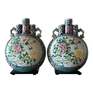 Antique 15" Chinese Famille Rose Moon Flask Vases - Guangxu Period Pair