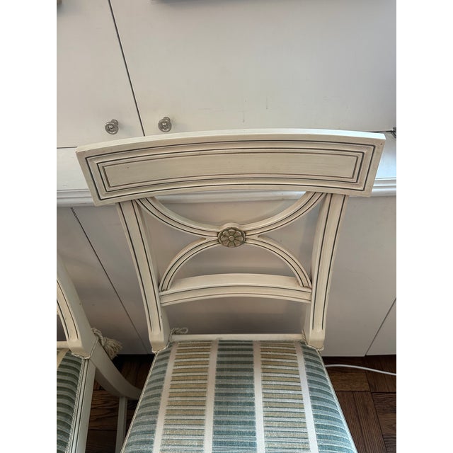 Two Bellman Chairs, White Lacquered With Gold Cilding, New Upholstered Seats and Chair Ties For Sale - Image 9 of 15