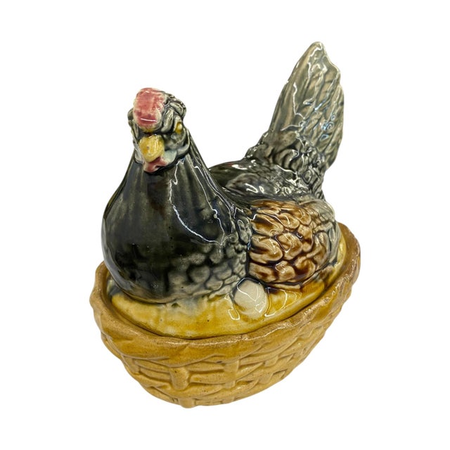 Charming antique French majolica hen-on-nest covered dish by Francis Masse of Desvres, France, dating to the early 20th...