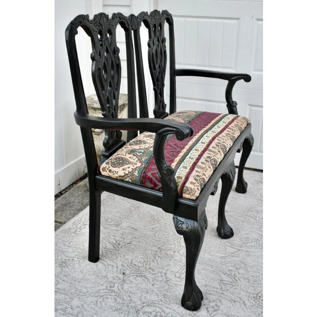 Vintage Chippendale Style Bench Settee Carved Fretwork Black Two Seater Chair For Sale - Image 10 of 13