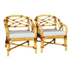 1970’s Coastal Bamboo Rattan Chippendale Custom Upholstered Side Chairs-Pair