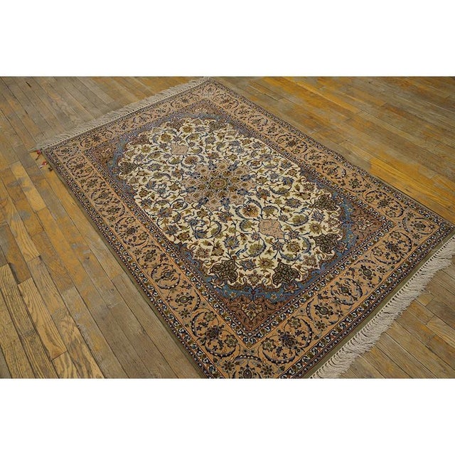 Traditional 1940s Small Ivory Islimi Medallion Antique Isfahan Silk Handknotted Wool Rug For Sale - Image 3 of 7
