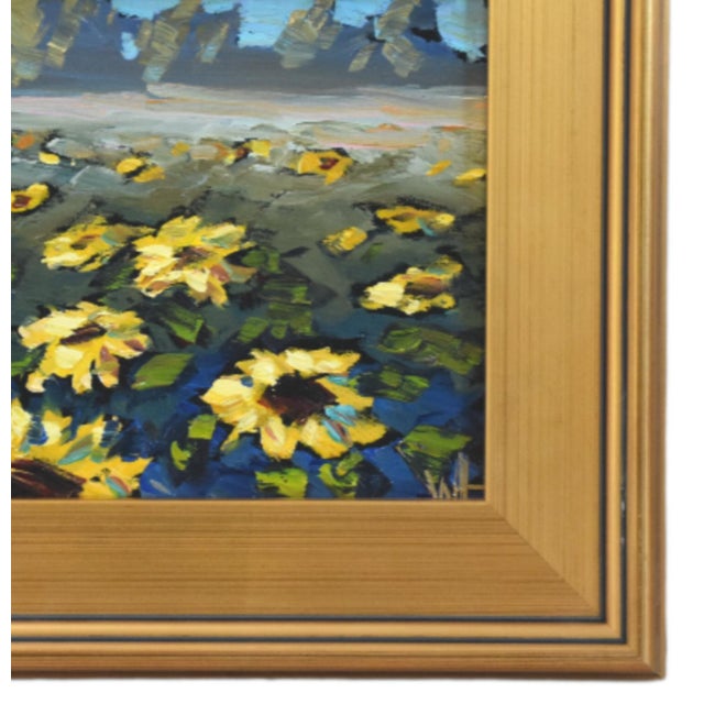 Original sunflower landscape Impressionist oil painting on artist’s canvas panel by listed artist William Hawkins. Hawkins...