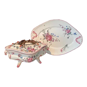 French Porcelain Barbotine Faience Majolica Jardiniere or Tureen and Platter -Set of 2