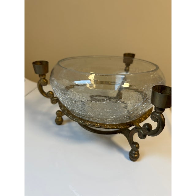 This is an antique French gilt brass and glass centerpiece candelabra bowl. It dates to the late 19th Century. The tripod...