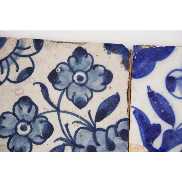17th Century 17th Century Portuguese Blue & White Floral Set of Two Tiles For Sale - Image 5 of 9